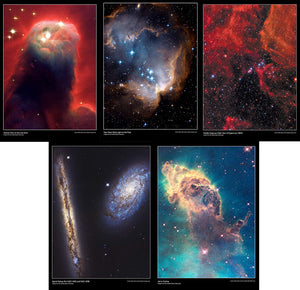 This Hubble Telescope pack contains the posters:      Ghostly pillar of gas and dust     New stars shed light on the past     Hubble captures wide view of supernova 1987A     Spiral galaxy pair NGC 4302 and NGC 4298     Jet in carina 