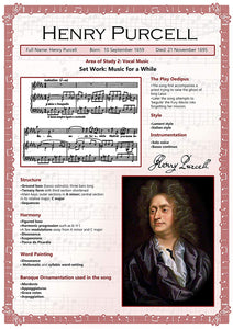 GCSE Music poster to support the study and revision of Henry Purcell, part of the edexel GCSE music syllabus.