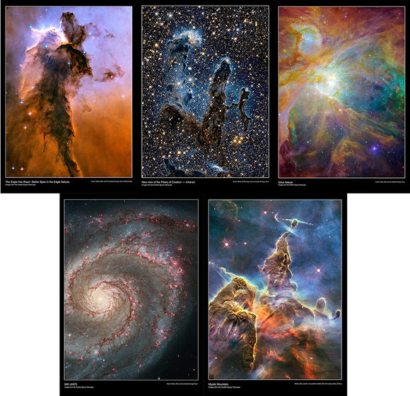 This Hubble Telescope pack contains the posters:      The eagle has risen     New view of the pillars of creation     Orion nebula     M51     Mystic mountain