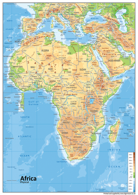 Africa Physical Map. Africa is a continent is surrounded by the Mediterranean Sea to the north, the Isthmus of Suez and the Red Sea to the northeast, the Indian Ocean to the southeast and the Atlantic Ocean to the west. Algeria is Africa's largest country by area, and Nigeria is its largest by population. African nations cooperate through the establishment of the African Union, which is headquartered in Addis Ababa.