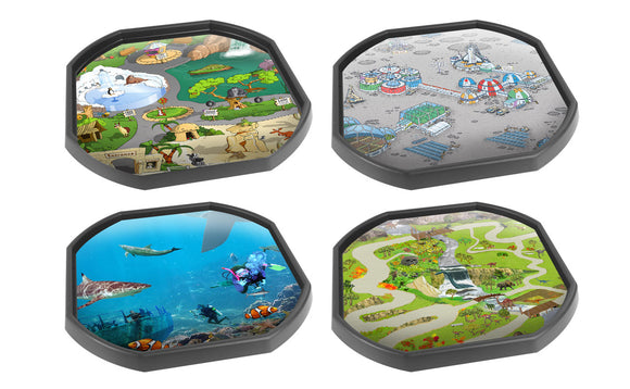 This bundle of four mats is ideal for use with a Tuff Tray. They're perfect for individual or small group play. The trays enable children to add water, toys, sand, pebbles and leaves to create interesting small environments.  Included in this bundle is:      Alphabet Zoo     Space Station     Underwater World     The Lost World