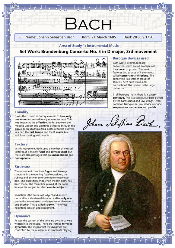 GCSE Music poster to support the study and revision of Bach, part of the edexel GCSE music syllabus.