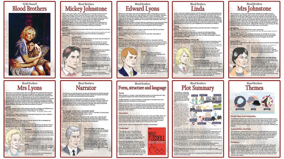 GCSE English posters to support the understanding of Blood Brothers by Willy Russell.  This pack includes posters on:      The Narrator     Mrs Johnstone     Mickey Johnstone     Mrs Lyons     Edward Lyons     Linda     Plot Summary     Themes     Form, Structure and Language     Book Cover