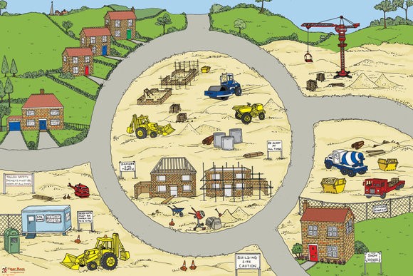 This Building Site Play Mat is ideal for use with a Tuff Tray. See the stages of house building and add your own diggers, gravel and sand for imaginative play.