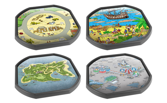 This bundle of four mats is ideal for use with a Tuff Tray. They're perfect for individual or small group play. The trays enable children to add water, toys, sand, pebbles and leaves to create interesting small environments.  Included in this bundle is:      Building Site     Pirate Scene     Pirate Island     Space Station