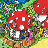 Detail from The Erinsdale Fairy Village tuff try insert mat is a vibrant, colourful and busy fairy village of toadstools, perfect for individual or small group play.  Printed onto a high quality, durable vinyl material.  86cm x 86cm (approx )  Designed to fit in the Tuff Tray or the Tuff Spot.