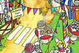 Detail from The Erinsdale Fairy Village tuff try insert mat is a vibrant, colourful and busy fairy village of toadstools, perfect for individual or small group play.  Printed onto a high quality, durable vinyl material.  86cm x 86cm (approx )  Designed to fit in the Tuff Tray or the Tuff Spot.