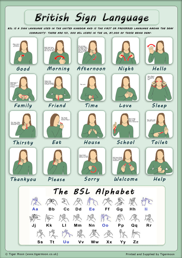 British Sign Language - Basic Sign and Alphabet Poster - Paper Laminated A2
