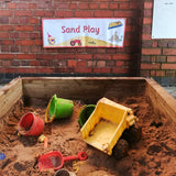 Designed for outdoor play areas, the Sand Play banner is made of heavy duty weatherproof vinyl and comes with brass eyelets so it can be easily hung outside. Useful to designate play areas in preschool, nurseries and primary school playgrounds. Available in 2 sizes.