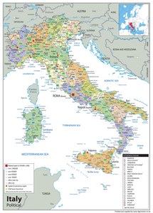 A clear, informative and colourful political map of Italy. Italy is the third-most populous member state of the European Union with around 60 million inhabitants.  Italy is seen as one of the world's most culturally and economically advanced countries and has the world's eighth-largest economy by nominal GDP (third in the EU), sixth-largest national wealth and third-largest central bank gold reserve. It delivers highly in terms of life expectancy, quality of life, healthcare and education.