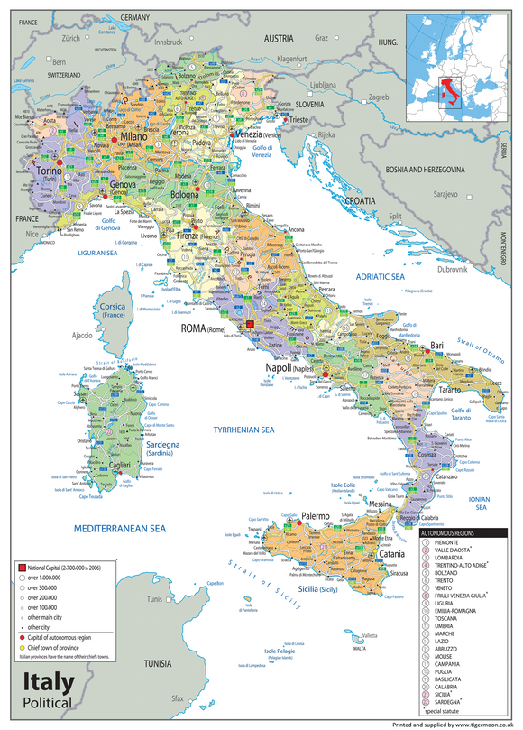 A clear, informative and colourful political map of Italy. Italy is the third-most populous member state of the European Union with around 60 million inhabitants.  Italy is seen as one of the world's most culturally and economically advanced countries and has the world's eighth-largest economy by nominal GDP (third in the EU), sixth-largest national wealth and third-largest central bank gold reserve. It delivers highly in terms of life expectancy, quality of life, healthcare and education.