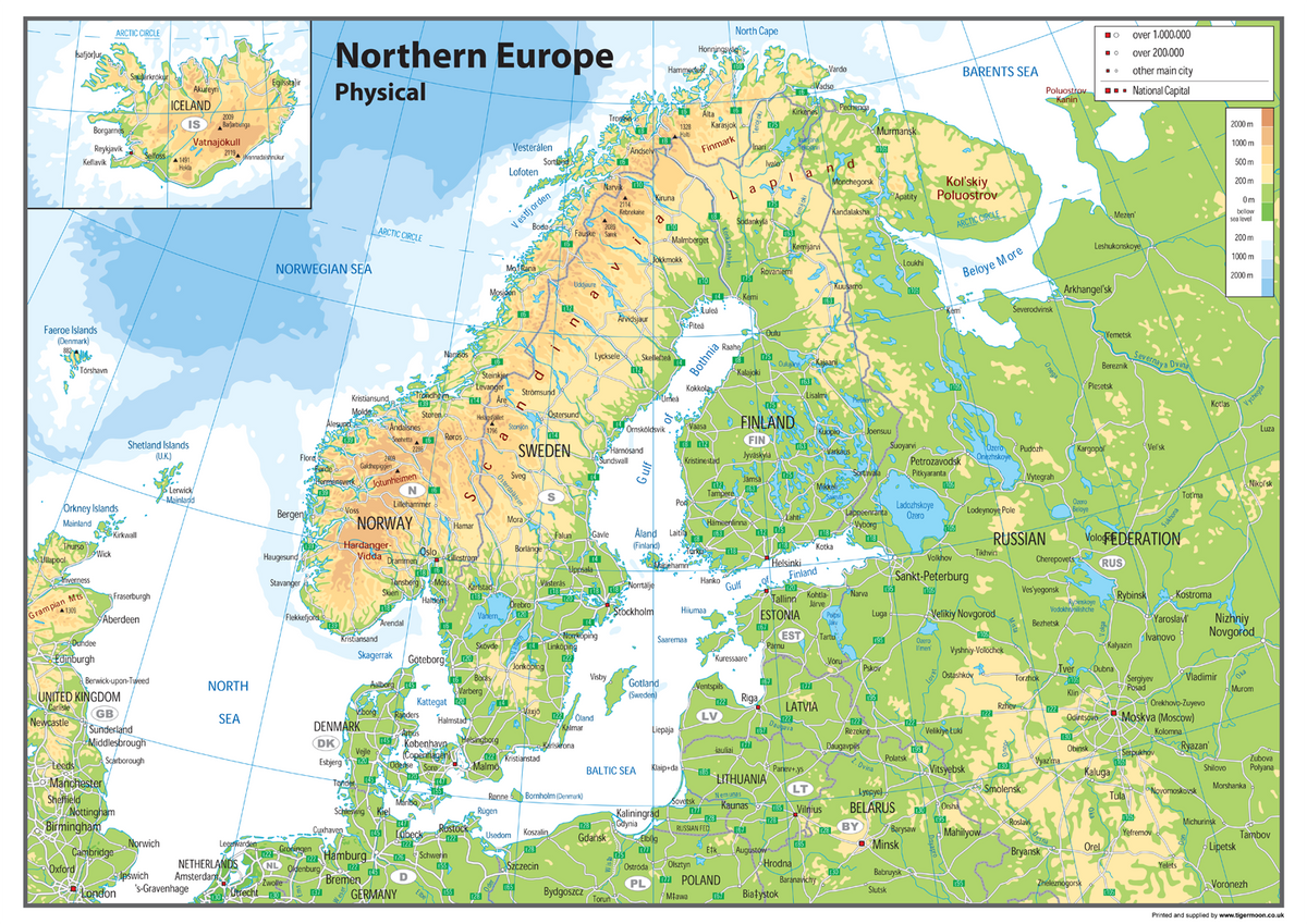 Northern Europe Physical Map – Tiger Moon