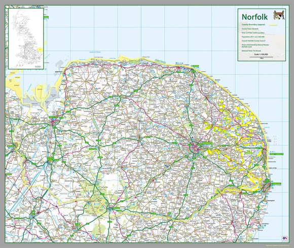 map of Norfolk, a county in England, UK. This map covers the city of Norwich and the towns: King's Lynn Great Yarmouth Thetford Gorleston-on-Sea Dereham Taverham Wymondham North Walsham