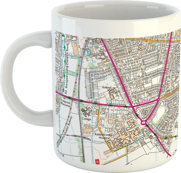 A personalised Ordnance Survey map professionally printed onto a mug. The OS map can be centred on a postcode or area of your choice. You might choose the location of a birthplace, marriage venue or current home as a thoughtful and historically interesting gift.