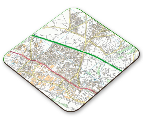 This is a 2km x 2km OS placemat showing street names, buildings, road names and more. You might choose to centre it on the postcode of your home, school, birthplace or other special location.