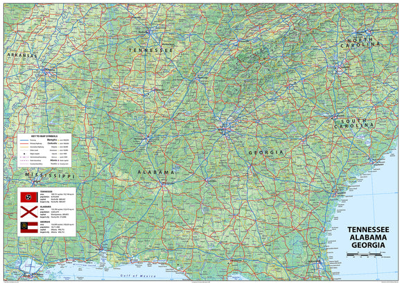 Tenessee, Alabama, Georgia USA Map