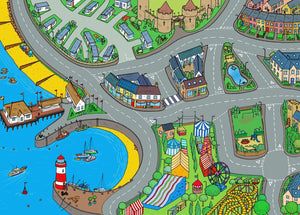 Welcome to the seaside! Children will delight in racing cars around this colourful seaside floor mat. From the beach to the funfair this floor mat will spark conversation and encourages children to recount past holiday experiences and compare a seaside landscape to their own at home.
