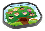 This educational emotion tree mat is ideal for use with a Mini Tuff Tray.  It can be used to encourage children to identify and express their emotions, helping them to explain and cope with difficult situations and empathise with others.  Emotions shown are:  Timid Silly Sad Happy Scared Angry Sleepy Surprised
