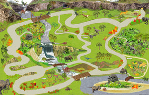 My Lost World is a land of the imagination with prehistoric creatures, water falls, caves, and wooden bridges over roaring rivers. Children love to explore and recreate prehistoric times with dinosaurs.  Size - 240cm x 160cm.  Printed onto heavy weight vinyl and easily rolled for storage.  Our Giant Play mats instantly create an new play environment for children!