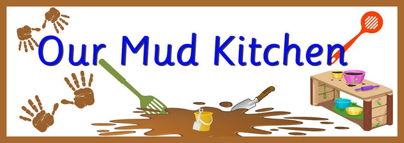 Designed for outdoor play areas, the Our Mud Kitchen banner is made of heavy duty weatherproof vinyl and comes with brass eyelets so it can be easily hung outside.  Useful to designate play areas in preschool, nurseries and primary school playgrounds.  Available in 2 sizes.