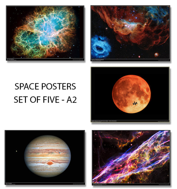 Space Posters - Set of FIVE A3 - Jupiter, Crab Nebula, Lunar Eclipse, Blazing Starburst