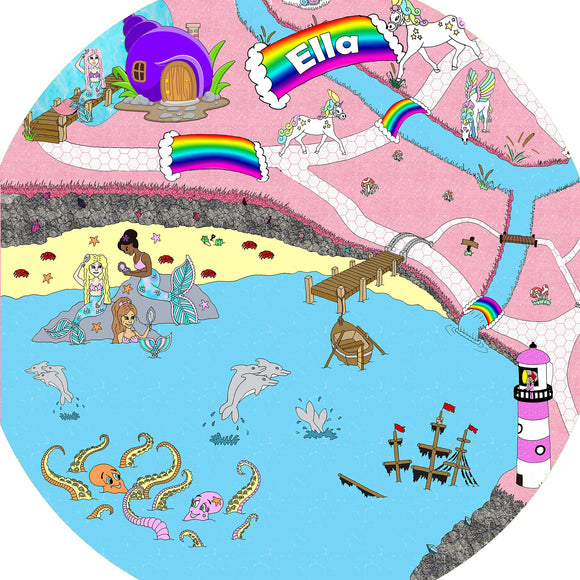 The personalised Mermaid Lagoon mat is ideal for use with a Tuff Tray and features your child's name on a rainbow! Swim in lagoons with mermaids in enchanted worlds, with unicorns, a shell house, dolphins, a lighthouse and  rainbow bridges. Ideal for imaginative play!