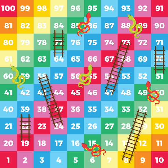 This is a snakes and ladders style children's game for the floor. The Snakes and Ladders game encourages numeracy, learning to count on and back, addition, subtraction, turn taking, losing - and winning! A fun activity for the whole family.