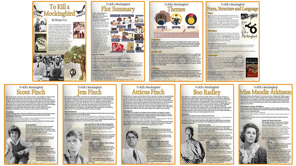 GCSE English posters to support the study and revision of To Kill a Mockingbird by Harper Lee.  The A3 posters feature the following areas of study:      Overview     Scout     Jem Finch     Atticus Finch     Boo Radley     Miss Maudie Atkinson     Plot summary     Themes     Form, structure & language