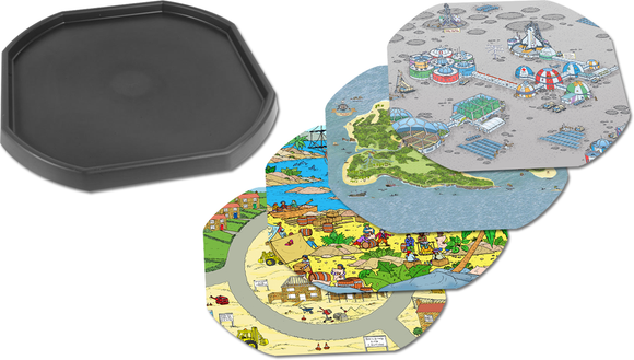 This bundle of a Tuff Tray and four mats is perfect for individual or small group play. The trays enable children to add water, toys, sand, pebbles and leaves to create interesting small environments.  Included in this bundle is:      One Black Tray     Space Station Mat     Pirate Island Mat     Pirate Scene Mat     Building Site Mat